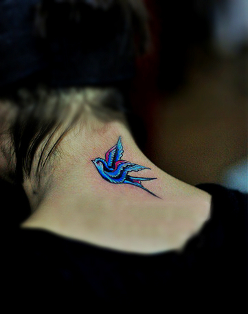 blue swallow tattoo behind the neck
