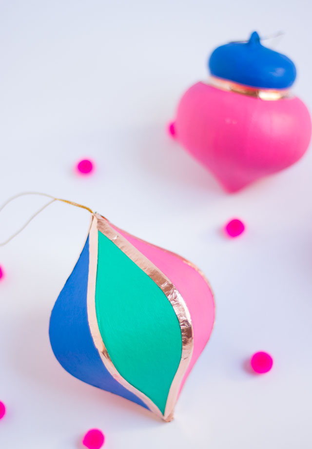 DIY painted paper mache Christmas ornaments with copper trim DIY painted paper mache Christmas ornaments with copper trim
