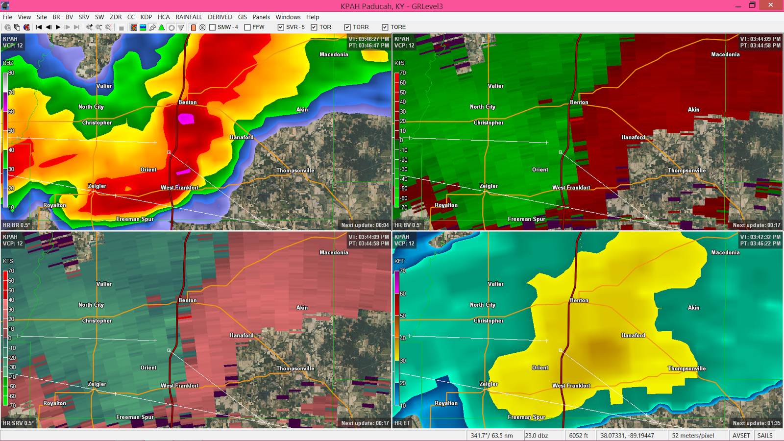 just before 4 we got to vienna and realized to main line storm was starting to look more intense as it got to the south of benton on the velocity scans just before 4 we got to vienna and realized to main line storm was starting to look more intense as it got to the south of benton on the velocity scans