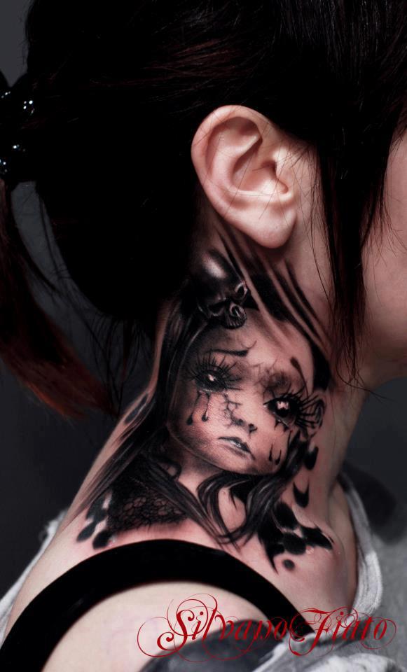 3D doll tattoo on whole neck