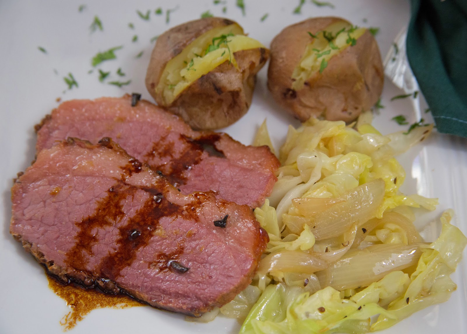 Baked Corned Beef with Sauteed Cabbage and Baked New Potatoes the DIY