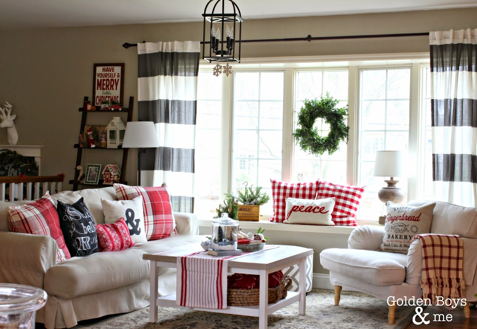 Red and white Christmas living room with striped drapes-www.goldenboysandme.com