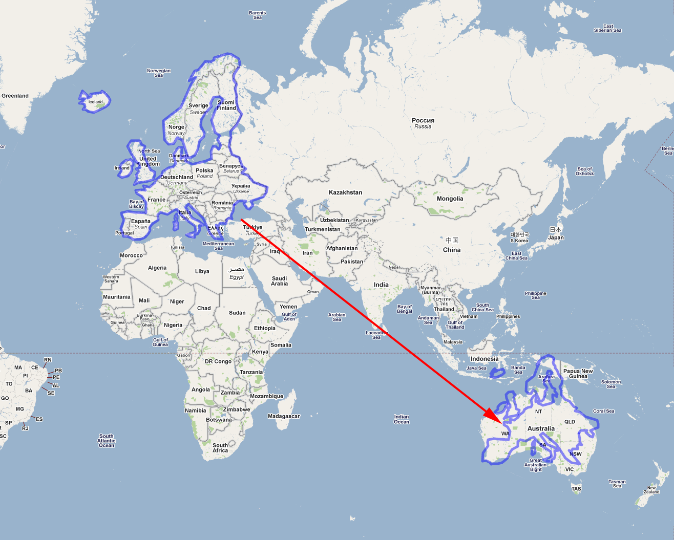 The area of Australia compared to the United States on Google Maps : australia1316 x 1055