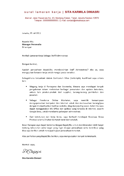 Application Letter Bahasa Indonesia Contoh Surat Lamaran