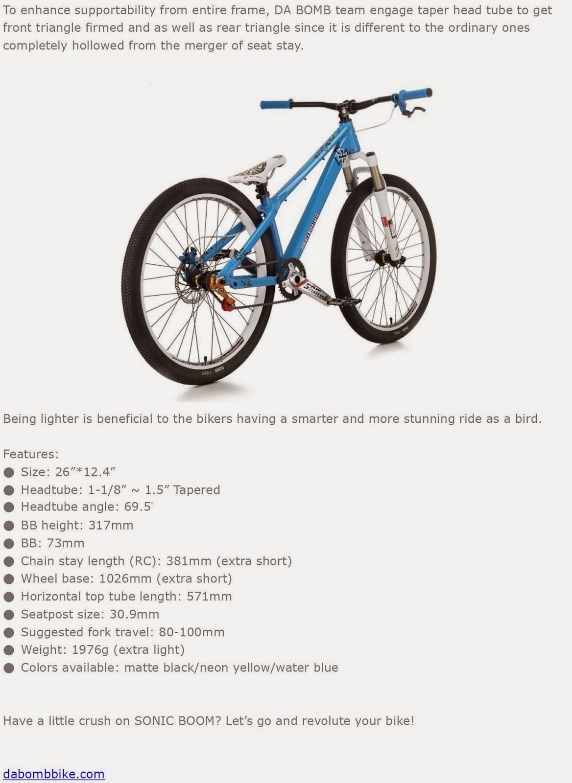 DA BOMB Bikes: Extreme MTB Frames & Components: SONIC BOOM