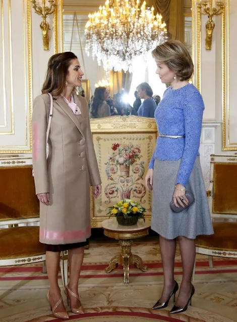 Queen Mathilde of Belgium welcomes Jordan's Queen Rania before a meeting in Brussels 