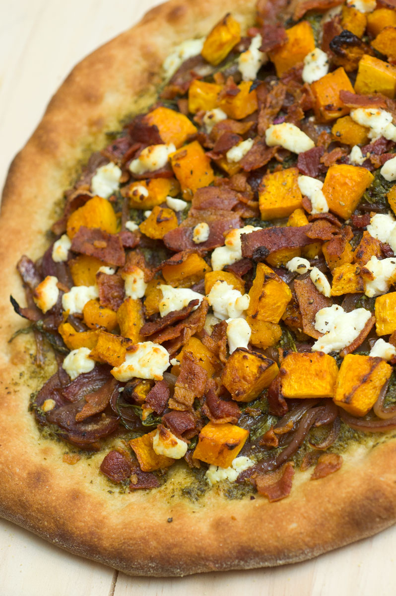 Roasted Butternut Squash Pizza with Pesto, Bacon, Goat Cheese