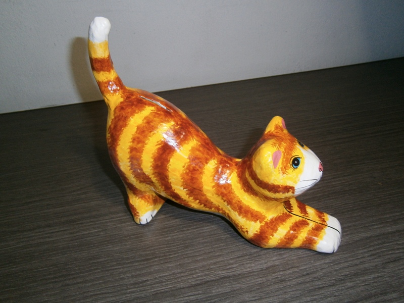 Vintage paper mache Thailand hand squat cat doll Paper mache thai craft