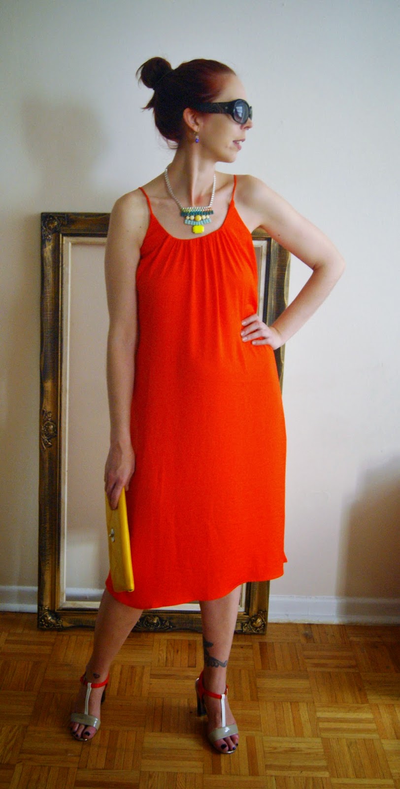 Organic Orange!: Dress from H&M Conscious Collection, Shop For Jayu Necklace, Jessica Shoes from Sears Fashion Style Melanie.Ps Blogger Toronto The Purple Scarf Styletips Outfit