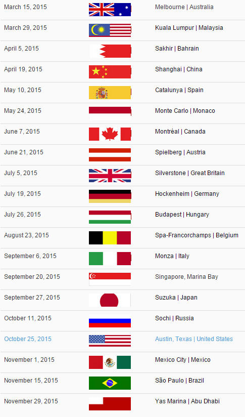 Calendar F1 2015