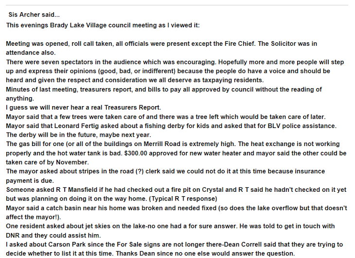 This is the first 1/2 of the 6/11/14 Brady Lake Village real council meeting minutes.