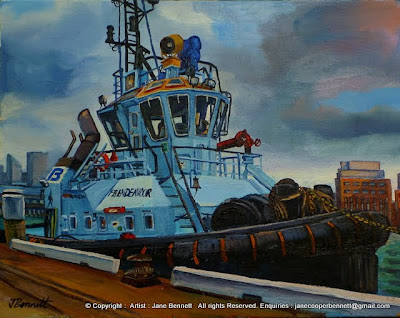 Marine painting- plein air oil painting of tug in Sydney Harbour by marine artist Jane Bennett