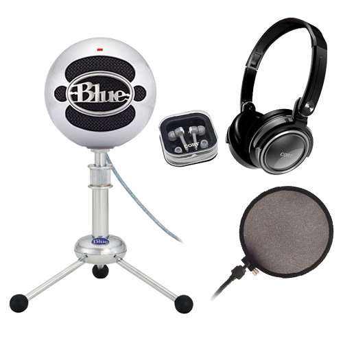 Blue Microphones Snowball Plug-and-Play USB Microphone in Brushed Aluminum with Studio Headphones and Microphone Pop Filter