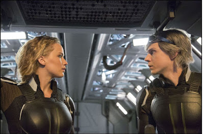 Jennifer Lawrence as Mystique and Evan Peters as Quicksilver in X-Men Apocalypse