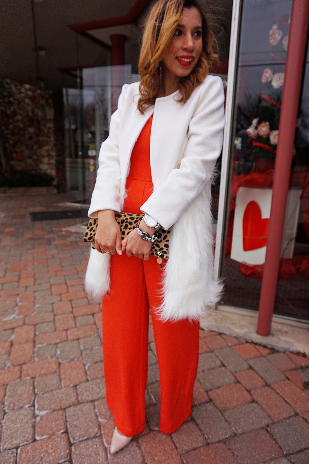 Red Dirt and Glitter: Valentine's Day // Jumpsuit and White Fur Coat