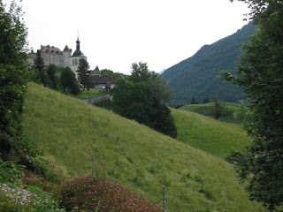 View of the church and château from the hotel in Gruyères, Switzerland