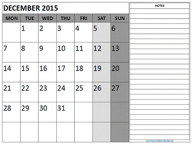 December 2015 Calendar Printable Landscape