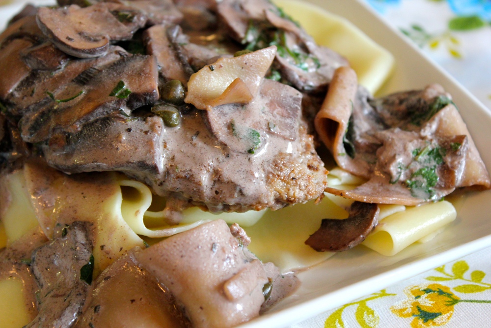 Taste Buds Baby Cow Piccata with Red Wine Mushroom Sauce. Moo.