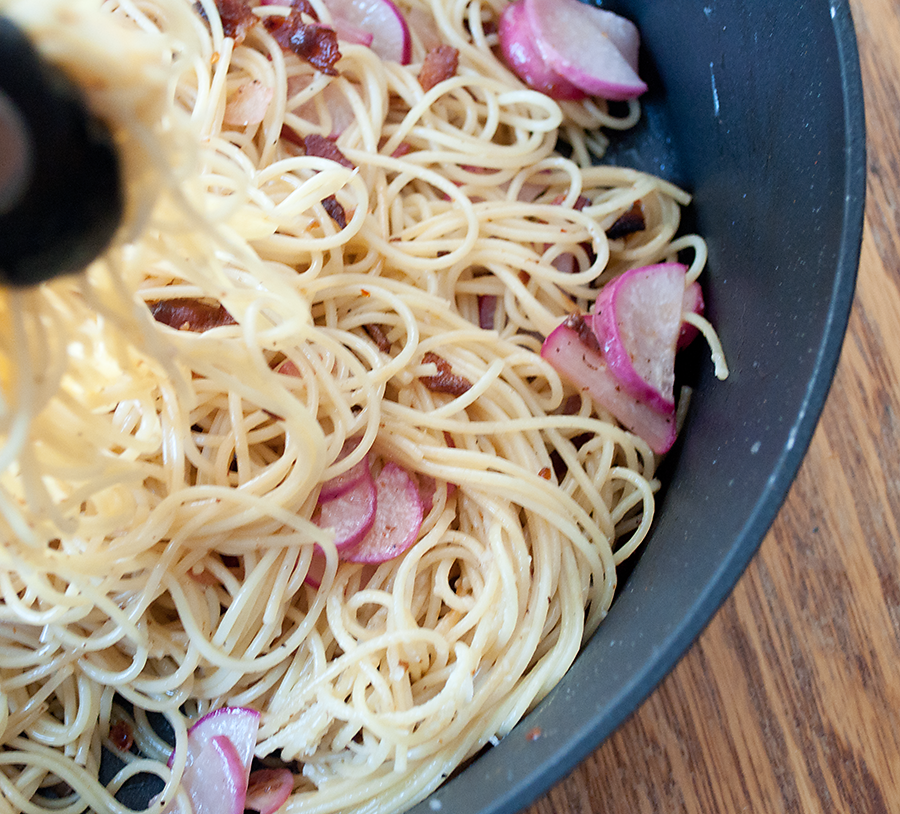 Lighter and Local Bacon and Radish Spaghetti