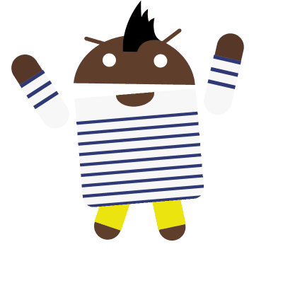 ストライプのTシャツと黄色のズボンを着用したAndroid のロボットのGIF画像。