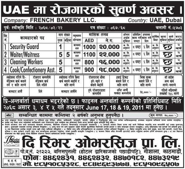 Manpower Demand UAE French Bakery LLC