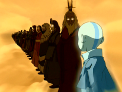 a line of past Avatars, stretching into the distance, ending with Roku looking down at Aang
