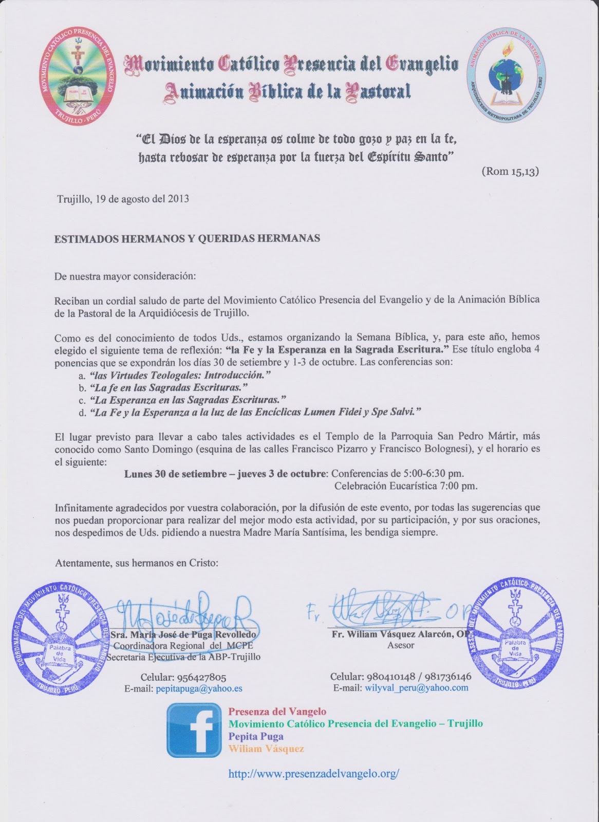 ODEC TRUJILLO: SEMANA BÍBLICA TRUJILLO: LA FE Y LA ESPERANZA EN LA