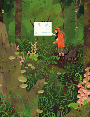 Eine Illustration zeigt ein gezeichnetes Mädchen im Wald, vor sich eine Karte