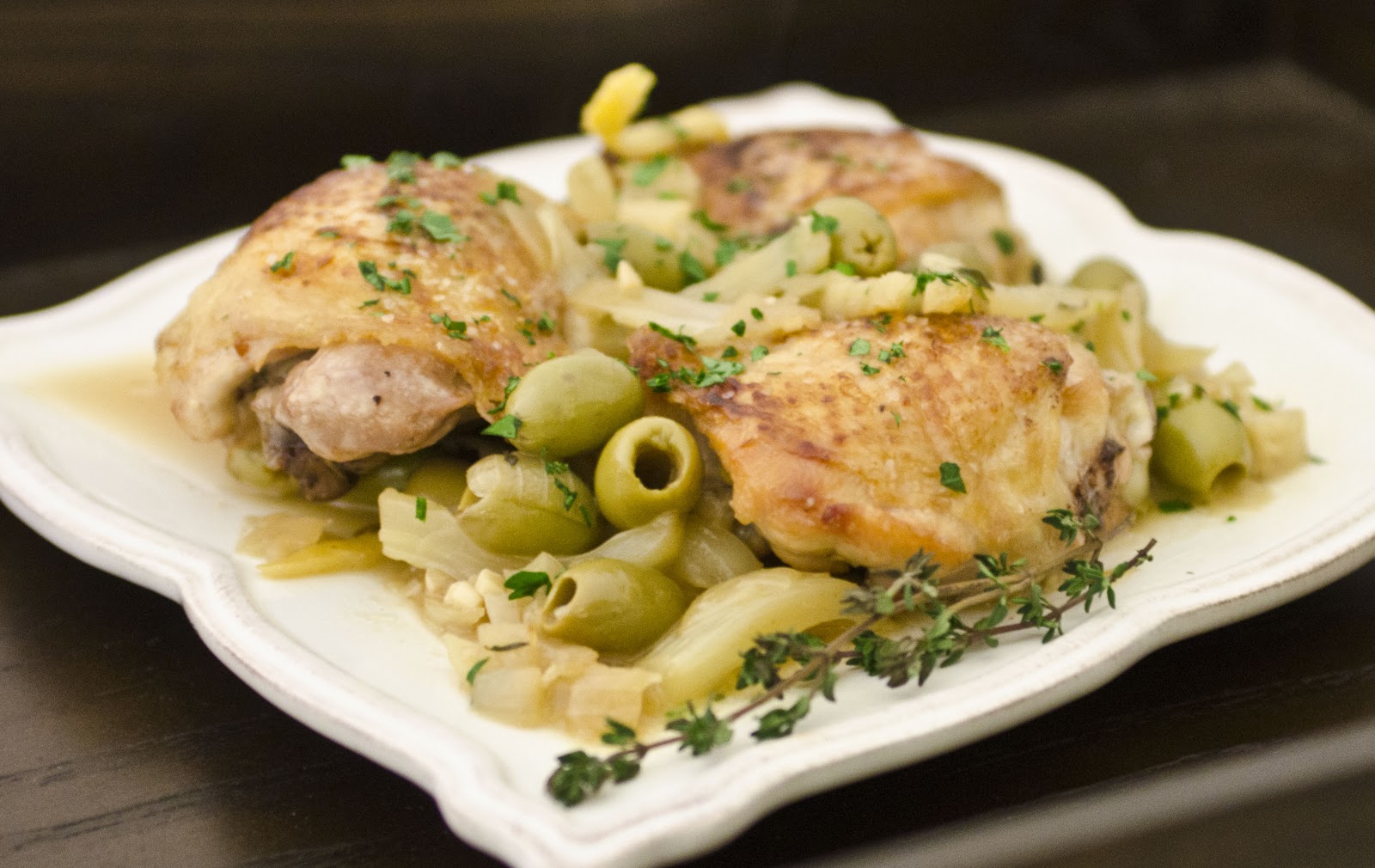 Navy Blue Kitchen Crispy Braised Chicken Thighs with Olives, Lemon