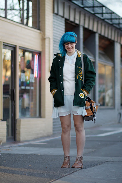Oly pearce blue hair green letterman jacket Seattle Street Style fashion It's my darlin'