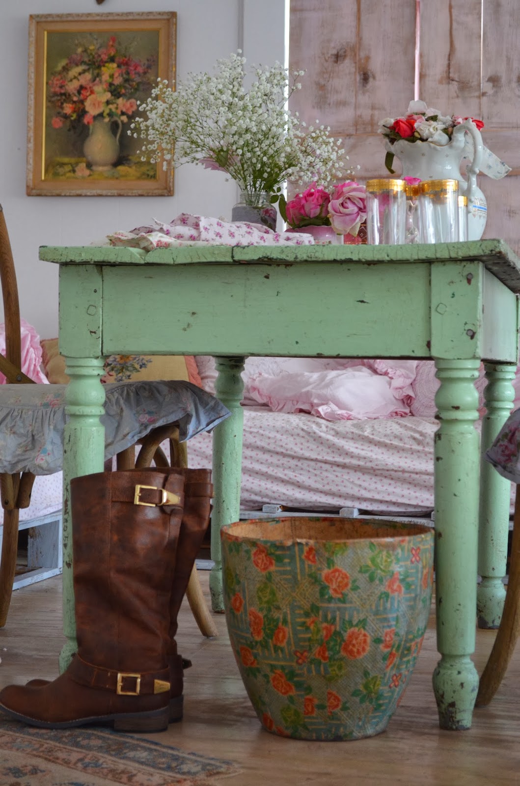 Simply me Saturday Yard Sale Find!! table for two in the barn.