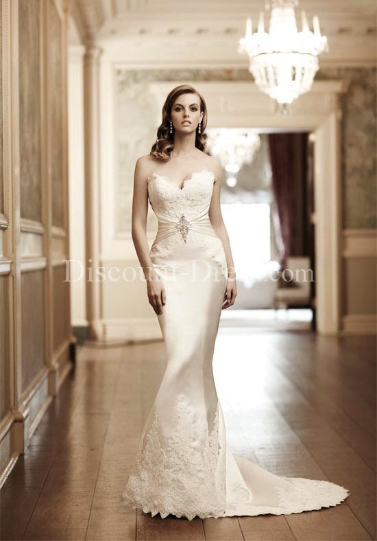 Mermaid Strapless Floor Length Attached Italian Satin/ Lace Beading Wedding Dress 