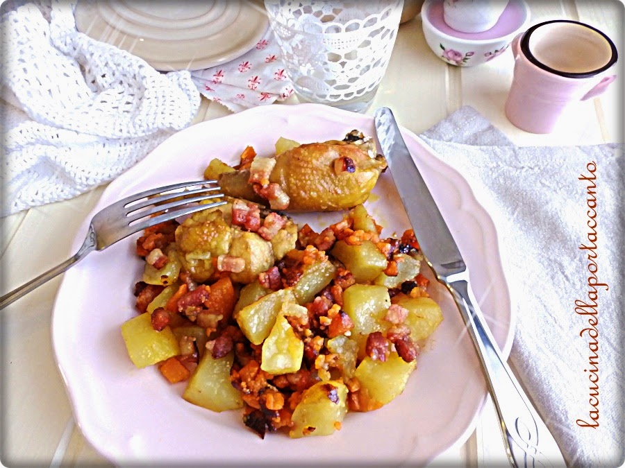 Faraona con pancetta di Cinta Senese e patate dolci / Guinea fowl with tuscan bacon of Cinta Senese and sweet potatoes 