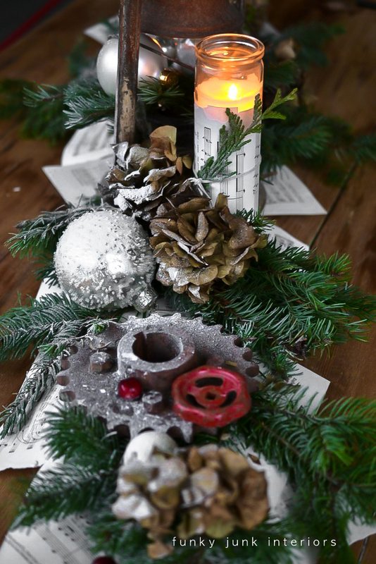 A rusty lantern and gear junk Christmas centrepiece  - by Funky Junk Interiors