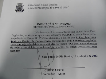 Indicação de Uma Ambulância de Veículo 4X4 para o Atendimento de todo Município de Barra do Piraí.