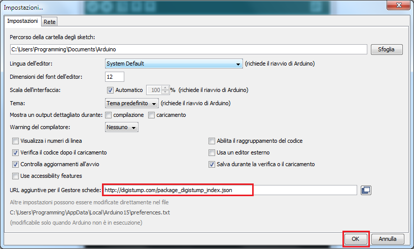 Arduino IDE, Impostazioni Arduino IDE, Impostazioni