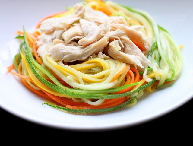 Shredded chicken and zucchini noodles in a white bowl for Zucchini Noodles with Chicken and Tangy Peanut Sauce