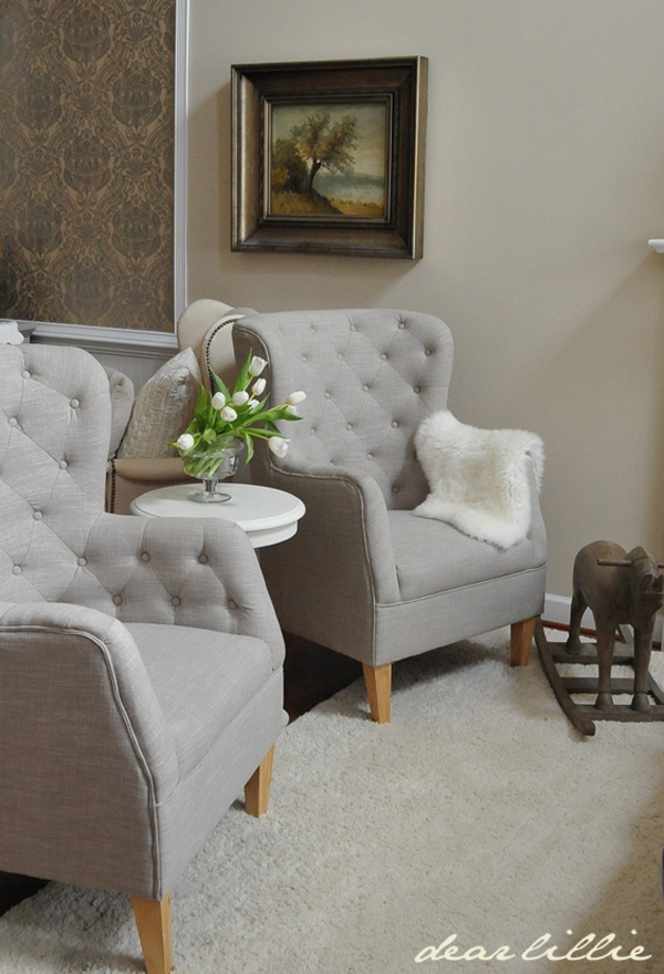 Dear Lillie New Tufted Chairs, Nest Pillows with Blue Eggs and He Has