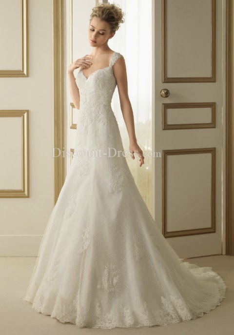 Straps Floor Length Lace Fit N Flare Natural Waist Wedding Dress 