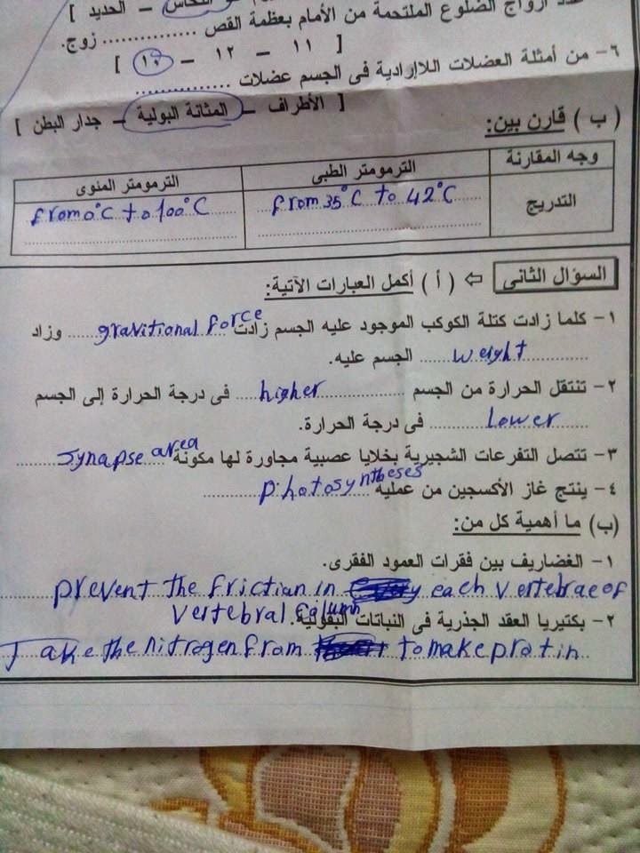 امتحان علوم الصف السادس الإبتدائى محافظة الجيزة ترم أول 2015 الفعلى