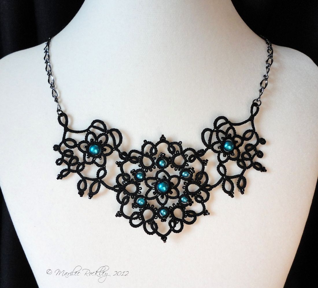 Yarnplayer's Tatting Blog Nouveau tatted necklace in black with aqua beads