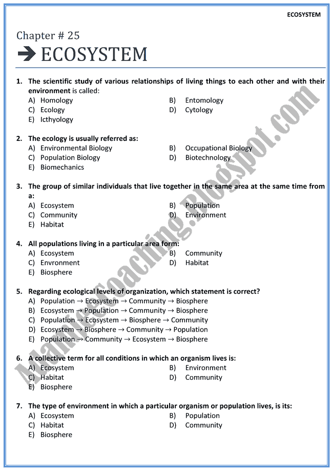 Adamjee Coaching Biology Mcqs XII Ecosystem Mcqs