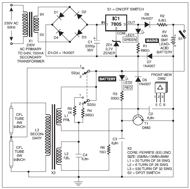 VERSATILE EMERGENCY LIGHT USING FLUORESCENT TUBES PROJECT CIRCUIT