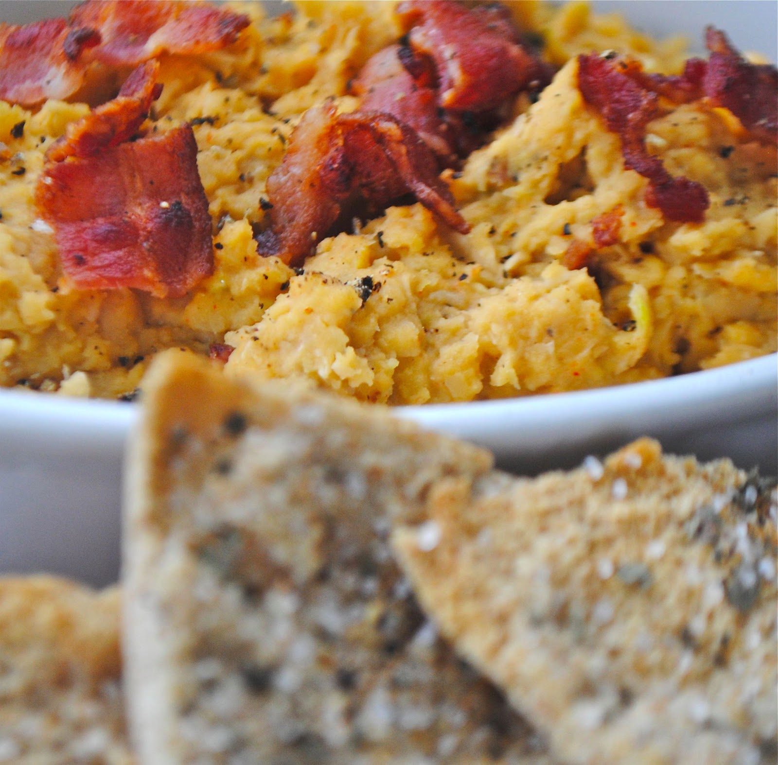 Recipe Doodle GARBANZO BEAN AND BACON DIP WITH ROSEMARY PITA CHIPS and