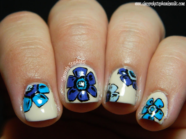 blue floral nail art