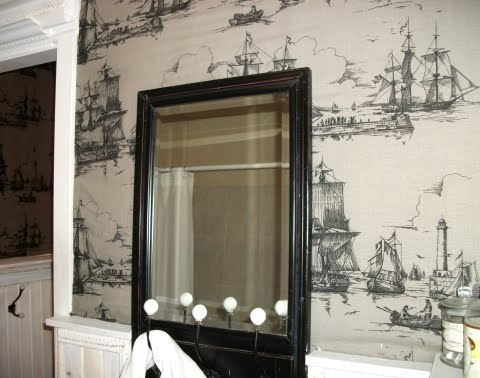 Ikea fabric as wallpaper in bathroom