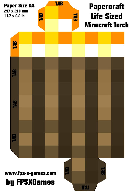 Printable papercraft cut out, Minecraft life sized torch template