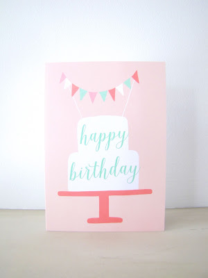 Happy Birthday Greeting Card - Blank Note Card - Stationery - celebration party cake bunting banner illustration in pastel pink coral mint athenaandeugenia