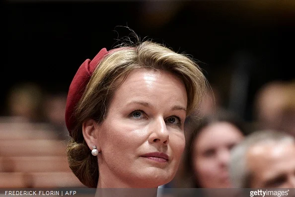 Queen Mathilde of Belgium listens to the King of Belgium in the Parliamentary Assembly of the Council of Europe, in Strasbourg, eastern France