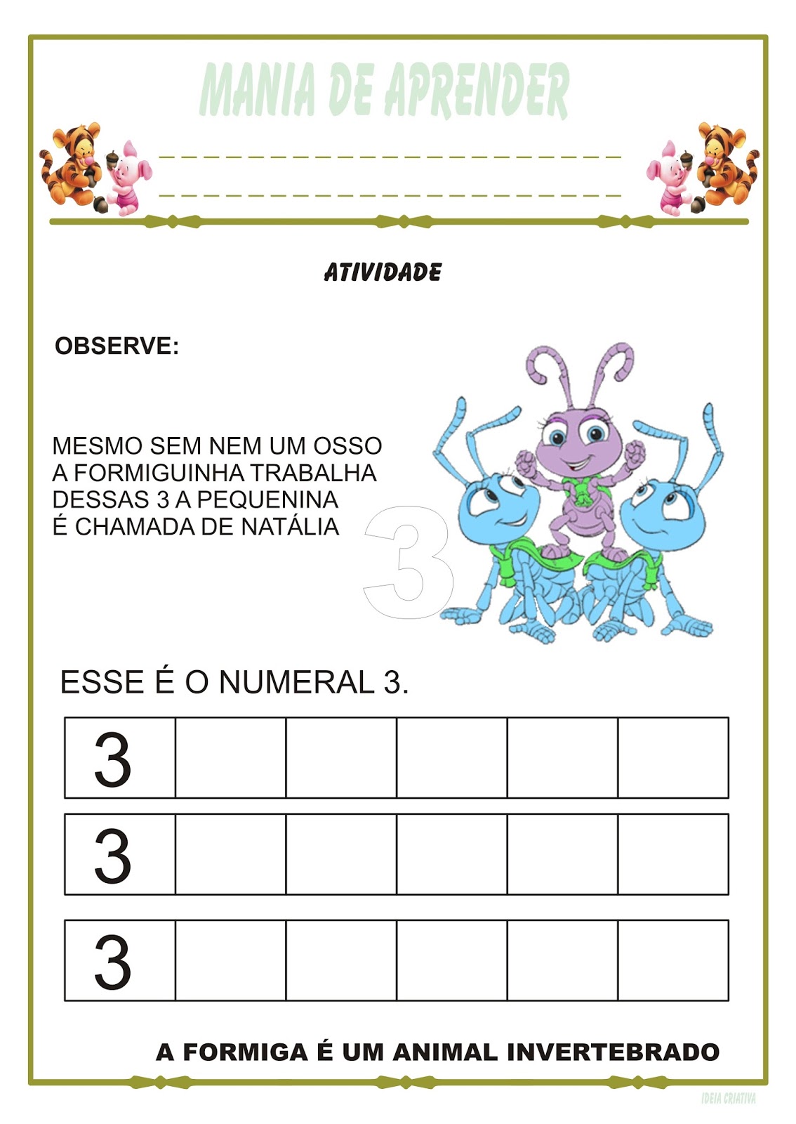 Atividade Numeral 3 Invertebrados Formiga | Ideia Criativa - Gi